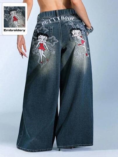 Betty Boop | ROMWE Große Größen Lässig Washed Jeans mit Cartoon-Figur Stickerei und weitem Bein