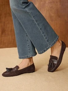 MOTF CLASSIC TASSEL LOAFERS SLIP-ON CASUAL SHOES, SQUARE TOE FLAT SHOES FOR WOMEN, SUITABLE FOR AUTUMN/WINTER FOR CHRISTMAS - Coffee Brown - View 3