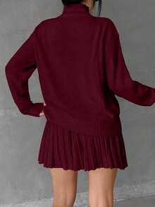 EURMUSE Women Solid Color Zipper Neck Drop Shoulder Pullover & Sweater Skirt Set - Burgundy - View 4