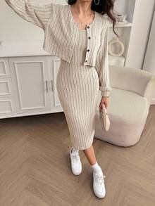 SHEIN Tall 女式秋季新款罗纹针织落肩纽扣前襟夹克和修身中长连衣裙套装