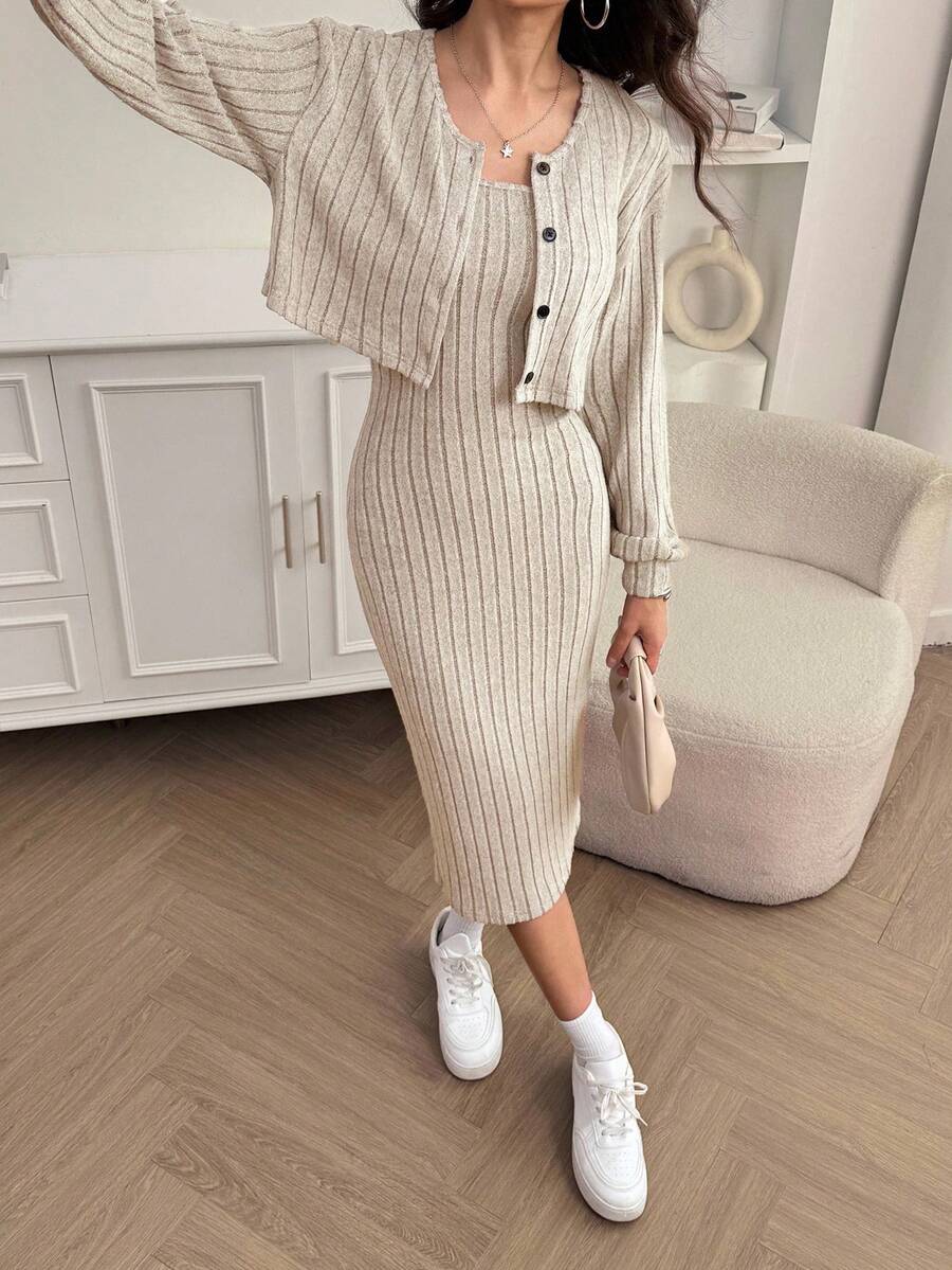 SHEIN Tall 女式秋季新款罗纹针织落肩纽扣前襟夹克和修身中长连衣裙套装