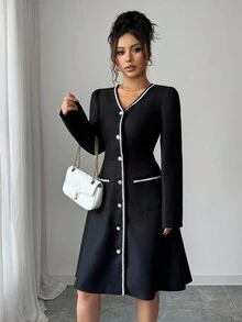 Rafferiza Váy midi chữ A cổ chữ V tay dài thắt eo viền tương phản cho nữ, thu/đông - màu đen - Xem 5