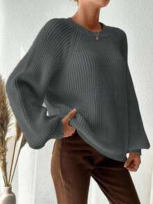 Plus Size Women's Solid Color Round Neck Raglan Sleeve Loose Pullover Sweater