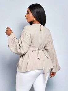 SOLERSUN Women's Plus Size Fashion Solid Color Loose Casual Outing Deep Pleated Bat Sleeve Long Sleeved Shirt Loose Casual Shirt Tops,Crop Tie Back Blouse Women's Solid Color Round Neck Belted Long Sleeve Blouse Autumn/Winter Women Clothes