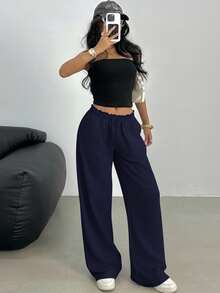 SHEIN 青少年女孩休闲宽松低腰松紧腰带阔腿运动裤，适合春、夏、秋、冬