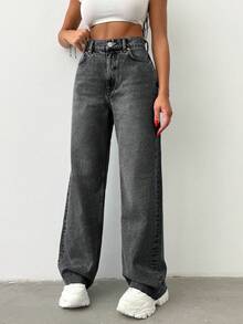 Calça jeans 100% algodão, cintura alta, corte reto, bainha crua - Cinza claro - Ver 3