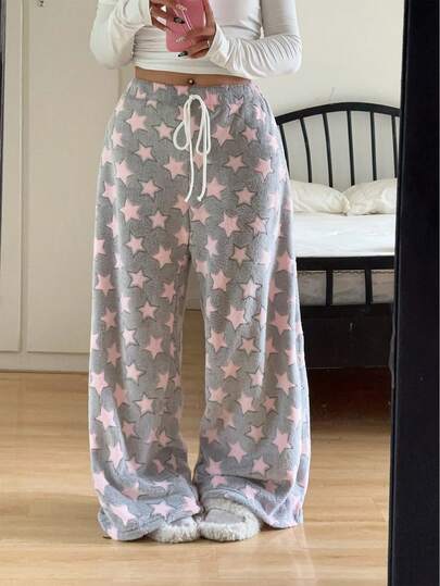 POPSWAY Pantalon en flanelle réversible à lacets et étoile à cinq branches, grande taille, décontracté