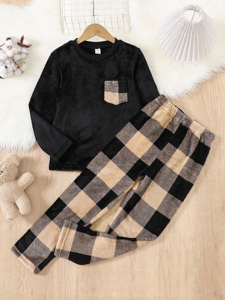 Jungen Farbblock Karomuster Taschen Langarm Pyjama Set, Herbst/Winter