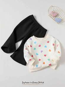 Cozy Pixies 2 件套女婴心形图案针织柔软圆领长袖套头衫和喇叭裤套装 - 黑與白 - 查看 4