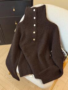 Franclia French Retro Simple Casual Versatile Commuting Vacation Daily Spring And Autumn Women's Clothing Women's Winter Clothing Halloween Christmas Pullover Sweater New Year Clothing Brown Sweater High Collar Metal Button Stand Collar Long Sleeve Earth Color Dark Brown Loose Women's Sweater