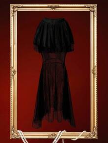 Glisette 女士分层蕾丝缎面蛋糕裙，中长款派对裙，秋冬 - 黑色 - 查看 7