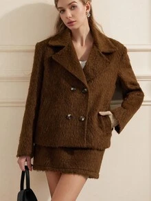 GENKIRA Brown Faux Fur Collar Loose Blazer Jacket & A-Line Mini Skirt 2 Pieces Set, Elegant & Chic For Autumn/Winter - Mocha Brown - View 4
