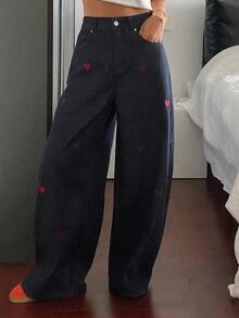 DAZY Pantalones vaqueros holgados de mujer de estilo occidental con bolsillo y bordado de corazón, para el verano - Azul - Ver 5