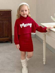 LMoss Kids 2 件套年轻女孩都市时尚纯色圆领长袖上衣和紧身吊带背心连衣裙套装 - 酒紅色 - 查看 5