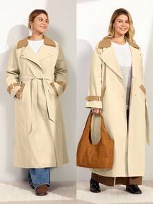 Momelise Plus Size Women PU Leather Patchwork Windbreaker, Mid-Length High-End Elegant Jacket - Khaki - View 1