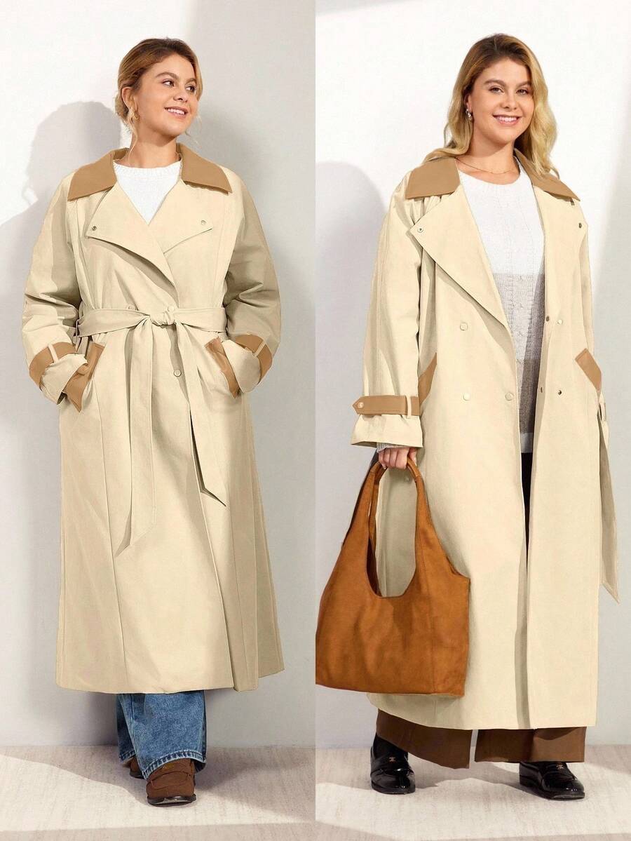 Momelise Plus Size Women PU Leather Patchwork Windbreaker, Mid-Length High-End Elegant Jacket - Khaki - View 1