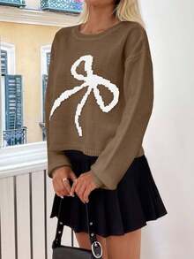 RueChic Casual Bowknot Pattern Dropped Shoulder Sweater, Autumn/Spring,Jumper,Cream Jumper,Jumpers For Women,Jumpers,Black Jumper,Womens Jumper,White Jumper,Women's Jumper,Women's Jumpers,Winter Clothes - Camel - View 4