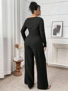 Modelyn Conjunto de 2 piezas de top con cuello asimétrico y pantalones de unicolor informal de talla grande - Negro - Ver 2