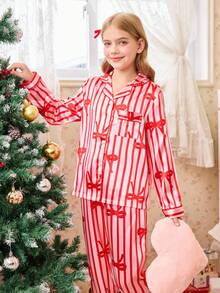 SHEIN 女童蝴蝶结条纹印花睡衣套装（翻领和长裤） - 紅色 - 查看 5