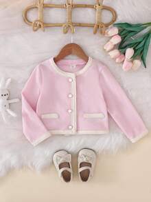 1pc Toddler Girl Pink Cardigan, Kids Button Sweaters - Pink - View 1