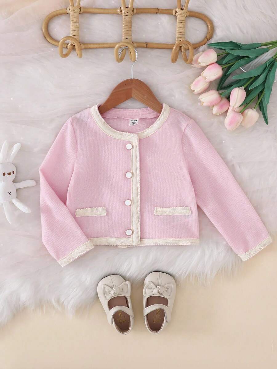 1pc Toddler Girl Pink Cardigan, Kids Button Sweaters - Pink - View 1
