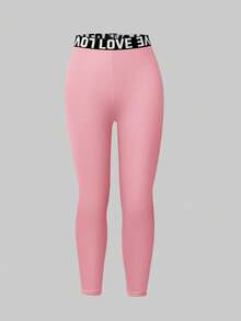 3pcs Girls Text Waistband Black Cool & Comfortable Sports Leggings Fall Winter