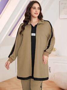 Lacomfia 2pcs Plus Size Casual Color Block Stand Collar Loose Top And Pants Set, Autumn 2 Pieces Set - Khaki - View 3