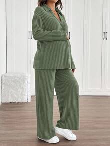 SHEIN 2pcs Maternity Set,Sage Green Autumn Casual Everyday Raglan Sleeve Shirt With Collar & Adjustable Waist Straight Leg Pants,Loose Fit Comfy Lounge Set - Green - View 7
