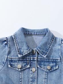 Elladie kids Young Girls' Denim Long Sleeve Dress, Sweet & Cute Casual Vacation Style, College Style Recommended. Denim Washed Light Blue, Handmade White Bow Decor On Front, Collar Design, Fitted Silhouette , Puff Sleeves Sweet & Playful, Suitable For Daily Wear, Beach Vacation Strolling, Or Gathering With Friends, Daily College Style, Making Your Little One Shine In The Crowd, A Must-Have Outfit For Spring And Autumn Seasons Fall Winter