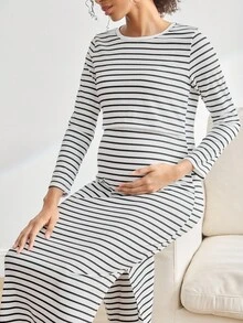 Camisón de maternidad de rayas, de cuello redondo, de manga larga, versátil con abertura, otoño - Rosa vieja - Ver 1