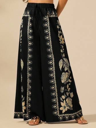 CAJUNI Women's Boho Tropical Plant Print Palazzo Pants, Casual Resort Beach Wide Leg Trousers For Summer