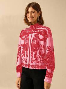 CAJUNI Women's Boho Resort Black & White Leopard, Peony Floral Print, Autumn/Winter High Neck Long Sleeve Zip-Up Lightweight Resort Jacket