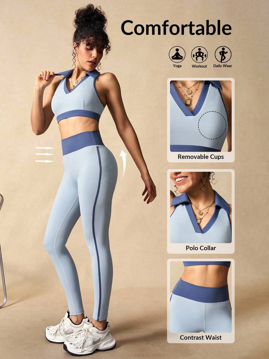 VARSIVA 女士运动套装 夏季时尚撞色领运动背心和紧身裤运动服套装 浅蓝色 婴儿蓝 运动套装 蓝色运动服 - 彩色 - 查看 1