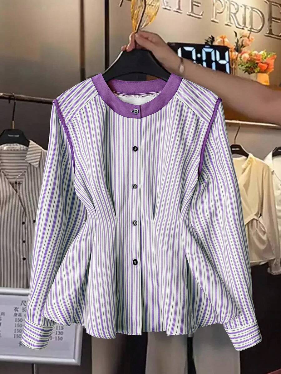 SHEIN LUNE French Minimalist Fashion Daily Long Sleeve Round Neck Fitted Contrast Blue Striped Women Shirt - Purple - View 1