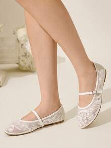 CUCCOO CHICEST Women's Floral Embroidered Lace Round Toe Flat Elegant Sweet Romantic Comfortable White Mesh Dress Shoes, Bridesmaid Shoes, Mary Jane Shoes, Suitable For Afternoon Tea, Dates, Parties, Weddings, Halloween, Lolita, Christmas, Thanksgiving, Birthdays - White - View 5