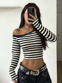Coolane 女士秋冬音乐会狂欢节夜间外出文艺复兴博览会俱乐部派对条纹长袖 T 恤 - 黑與白 - 查看 4