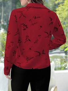 EMERY ROSE Plus Size Women Casual Beige Printed Long Sleeve Shirt Fall - Red - View 2
