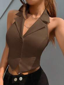 SHEIN EZwear Brown Woven Halter Neck Women's Blazer In Fall/Winter - Brown - View 1