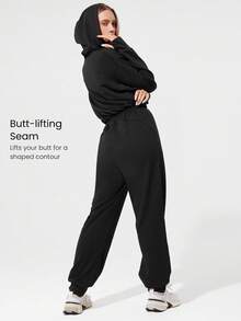 GLOWMODE 24" Everyday Terry Elastic Waist Butt-Lifting Zip-Up Hoodie Jumpsuit Bodysuit With Side Pockets Daily Casual Wear - Black - View 5