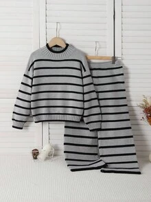 Conjunto de suéter a bloques de color y pantalones de punto para niña preadolescente en otoño/invierno