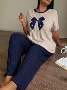 Napfluff CURVE Napfluff CURVE Plus Size Women Knitted Ribbed Bow Embroidered Round Neck Short Sleeve Pants Casual Pajama Set Bow Pjs Bow Pajamas Pajamas Set For Woman - Navy Blue - View 6
