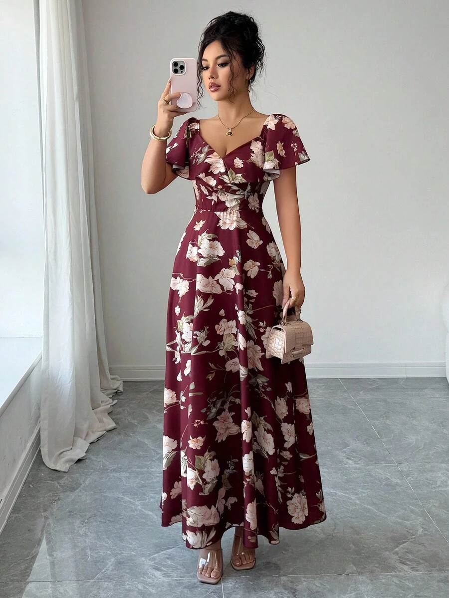 Elenzga Vestido elegante de estilo francés con volantes en la cintura, corte evasé y estampado floral diminuto - Multicolor - Ver 1
