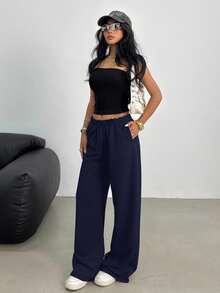 SHEIN 青少年女孩休闲宽松低腰松紧腰带阔腿运动裤，适合春、夏、秋、冬