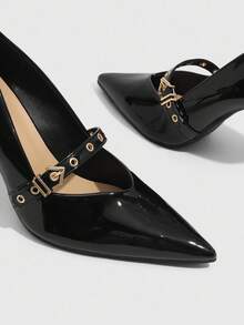 CUCCOO SZL 女士时尚黑色带扣尖头细高跟鞋，适合通勤、约会、派对、婚礼、度假 - 黑色 - 查看 6