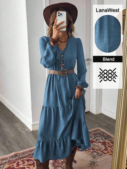 LanaWest Women's Autumn Bohemian Casual Vacation Style Rust Brown Design V-Neck Long Sleeve Patchwork Dress