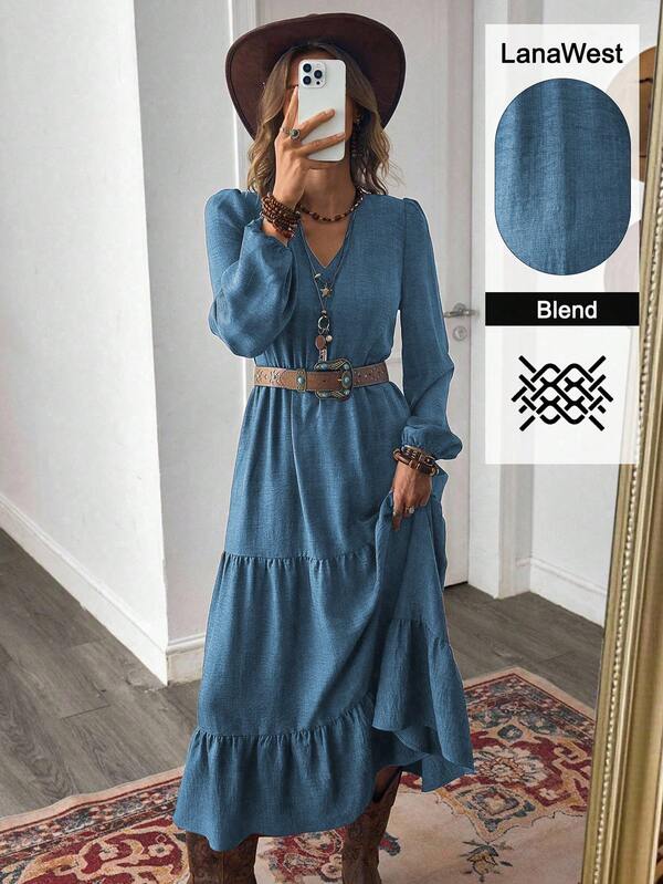 LanaWest Vestido de manga larga con escote en V, estilo de vacaciones casual bohemio de otoño, diseño de parches en color marrón óxido para mujer