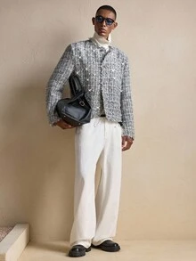 AKNOTIC Business Casual AKNOTIC Men's Plaid Tweed Pearl Decor Jacket, Christmas Party & Business Casual Outerwear, Autumn/Winter, Boyfriend/Friend Gift, Holiday