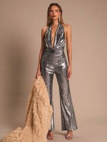 SHEIN Glamour 女式低胸露背系带紧身衣，性感修身喇叭裤