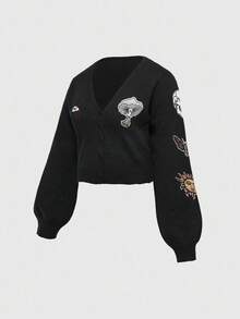 Áo len cardigan dệt kim họa tiết mặt trời, mặt trăng, ngôi sao, đầu lâu Hippie thêu cỡ lớn màu tối - màu đen - Xem 1
