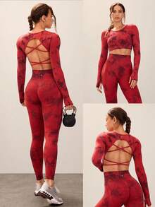 GLOWMODE Seamless Fitted Long Sleeve Crop Tee With Lace-Up Back Light Support Low Impact Yoga Pilates Daily Gym - Redwood - View 8